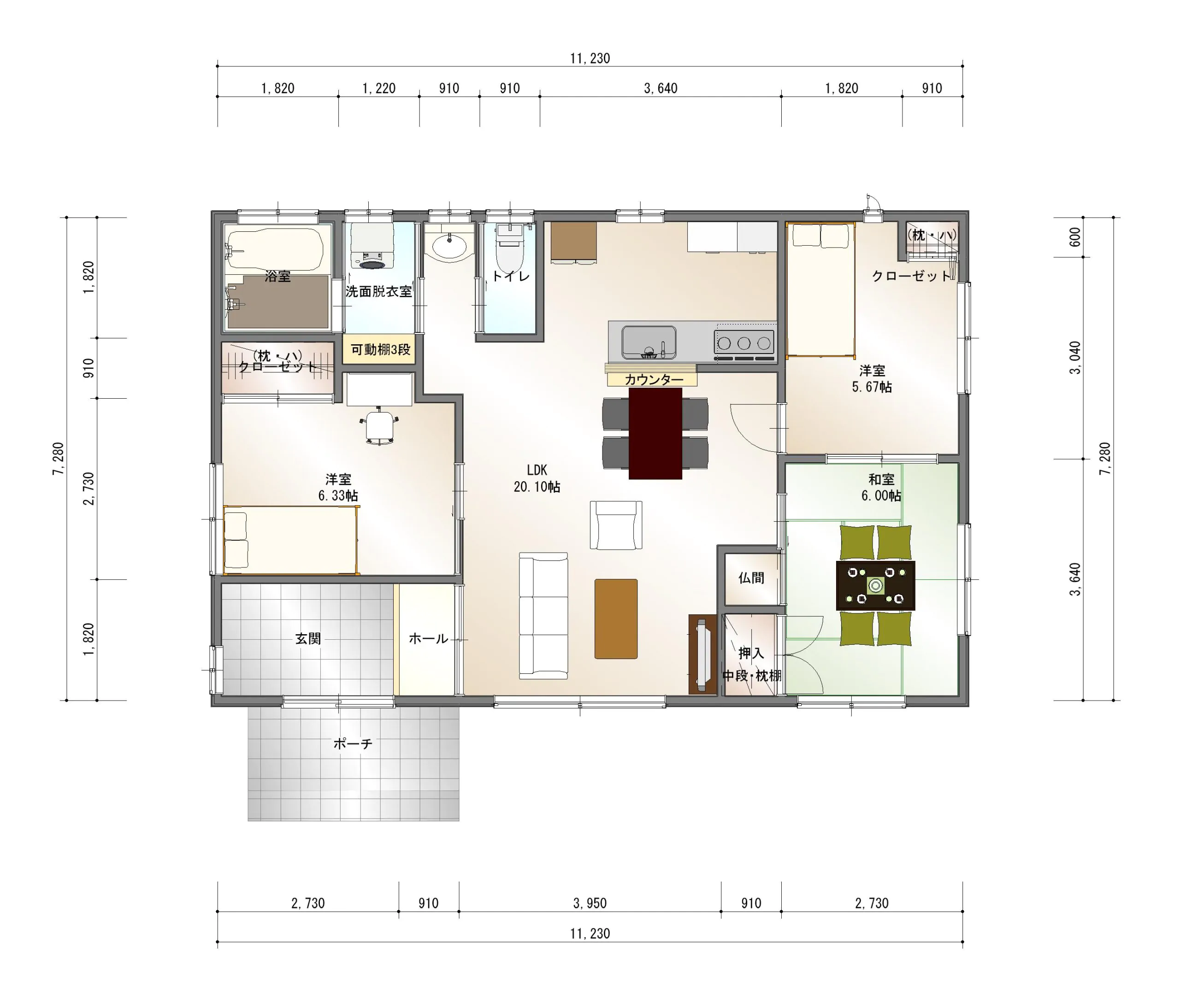 おしゃれな廊下無しの平屋の間取り図