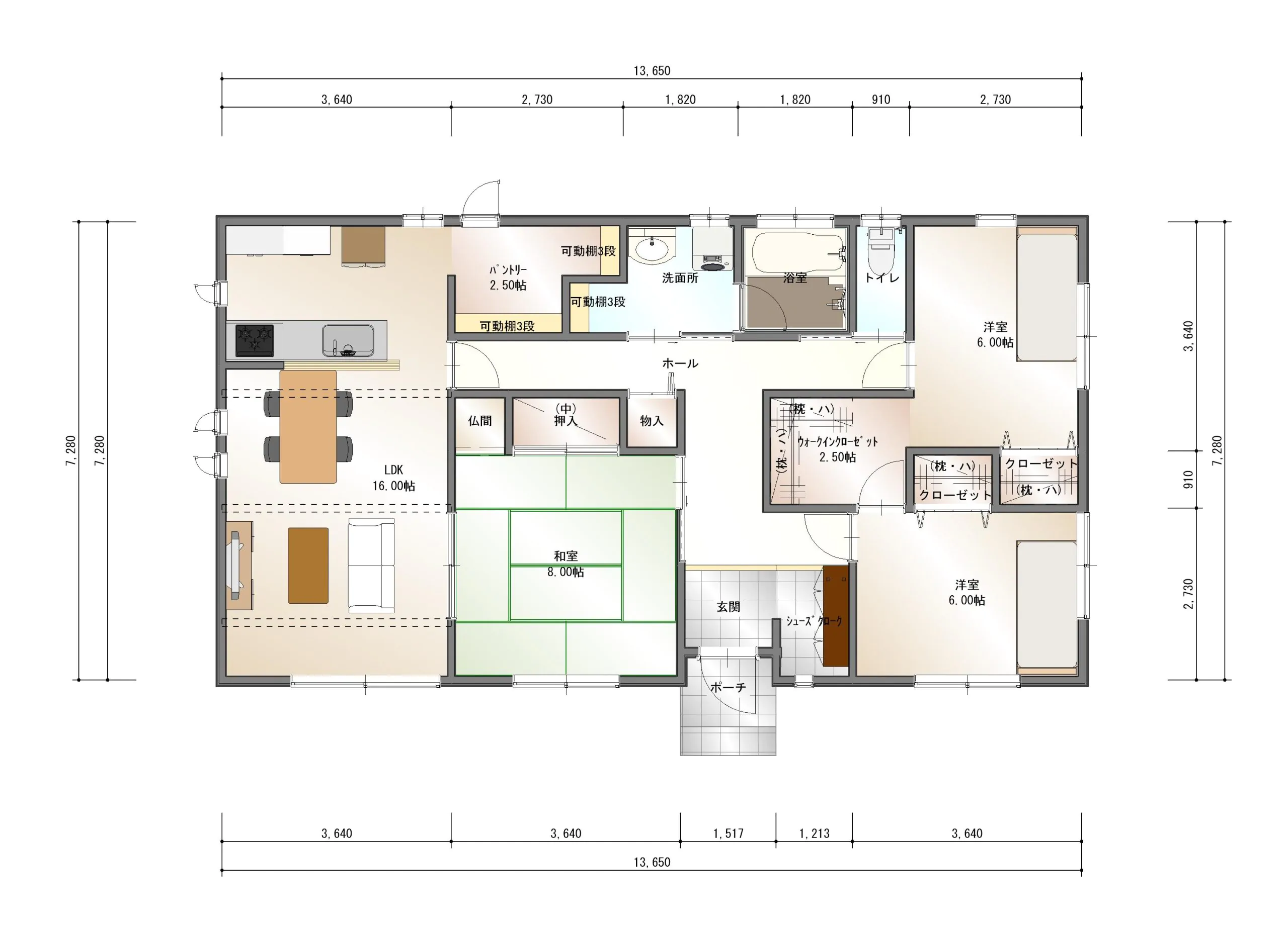 南玄関の平屋間取り図