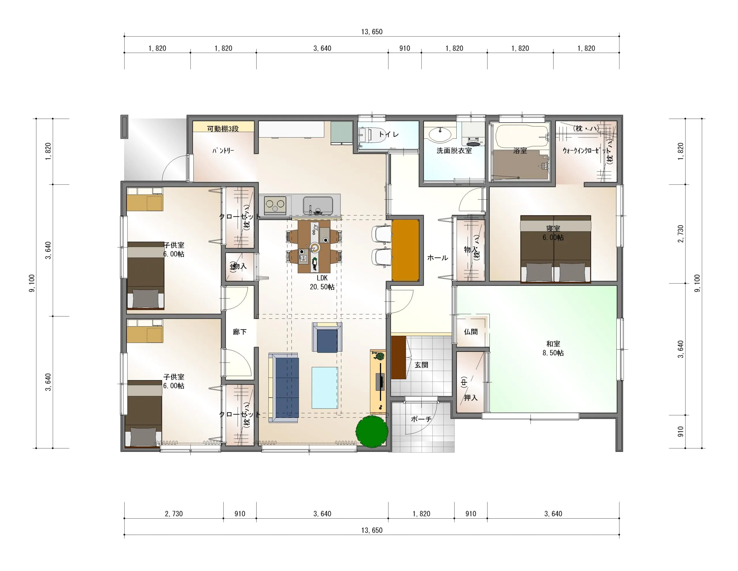 廊下がある平屋の間取り図