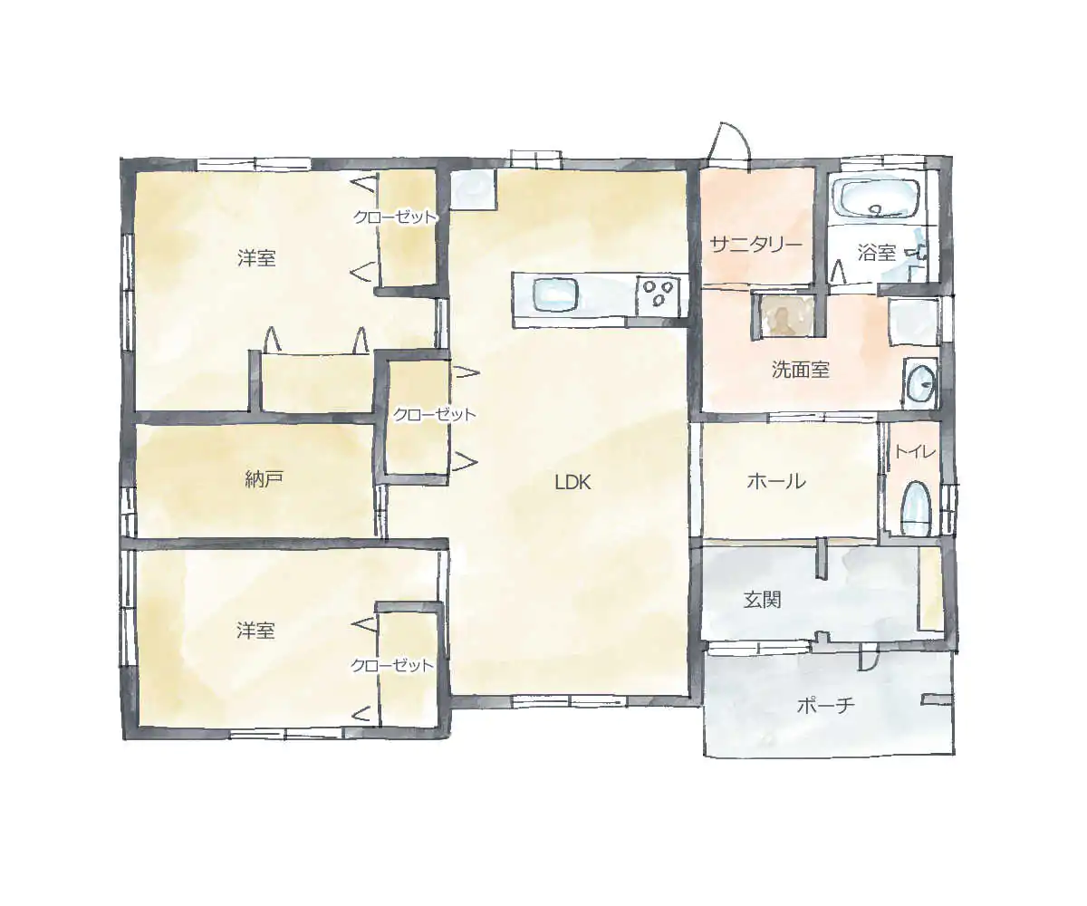 おしゃれな廊下無しの平屋の間取り図